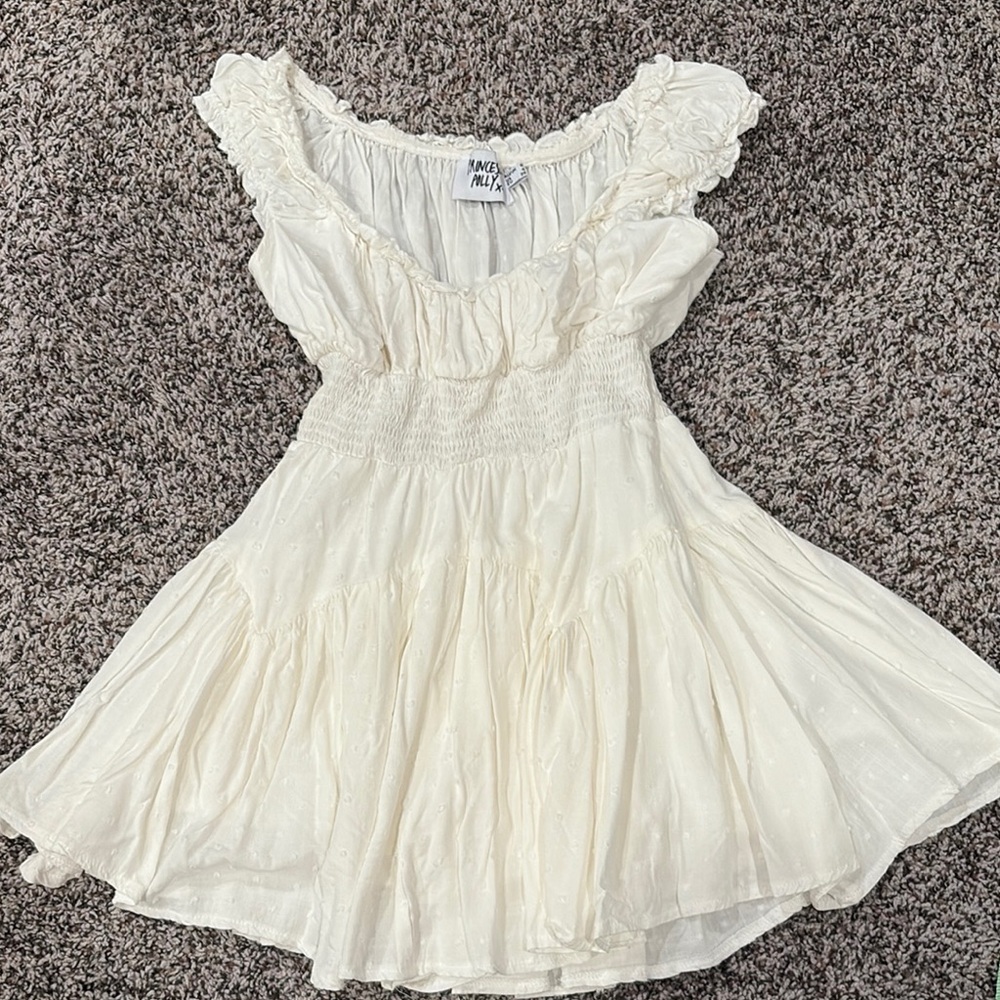 Princess Polly Cream Babydoll Dress Sleeveless Flutter Sleeves